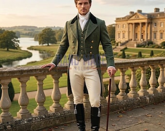 Regency groene wollen slipjas herenpak – door Mr. Darcy geïnspireerde 19e-eeuwse herenoutfit, bridgerton-cosplay, Victoriaanse kleding