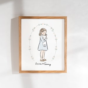 Aangepaste aquarel kinderportret illustratie, familieportret illustratie met huisdieren, schattige charmante minimalistische tekenstijl, cadeaus voor haar