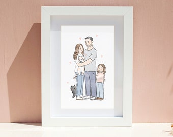 Customs Family Portrait, Minimalist Watercolor Drawing, Cartoon Family Illustration, Dad Gift, Father's Day Gifts