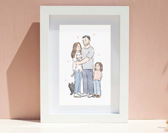 Portrait de famille, dessin au trait aquarelle minimaliste, illustration de famille de bande dessinée, cadeaux de Saint-Valentin, cadeaux de fête des mères, pour lui