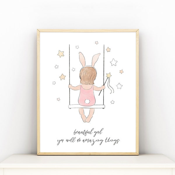 Wall art for girls room, Nursery Prints, Watercolor Pastel Drawing of a little girl with quote "you will do amazing things"