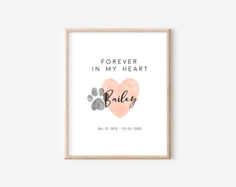 Watercolour Dog Paw and Peachy Heart Print, Puppy Paw Print, Memorial Dog Loss Gift, Pet Paw & Name, Custom Pet Memorial Art, Dog Loss Gift