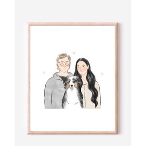 Anpassat familjeporträtt, minimalistisk akvarell parteckning, parillustration med husdjur, parpresenter, presenter till henne bild 7