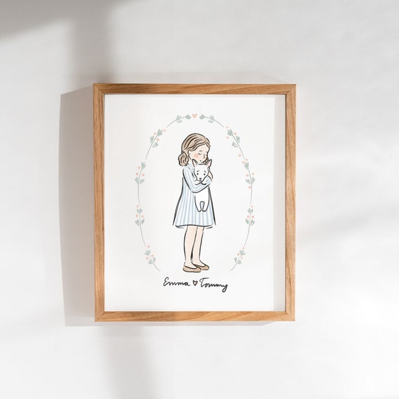Custom Watercolor Family Portrait with Pets, Cartoon Illustration (Digital Download)