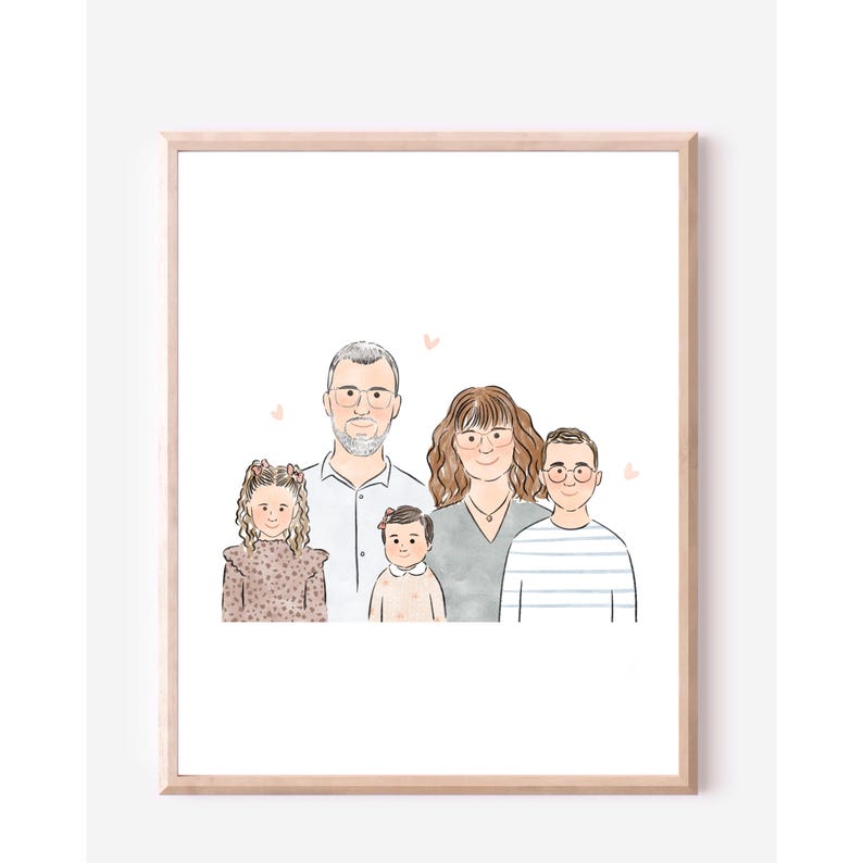 Anpassat familjeporträtt, minimalistisk akvarell parteckning, parillustration med husdjur, parpresenter, presenter till henne bild 6