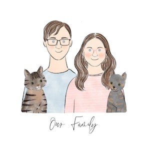 Anpassat familjeporträtt, minimalistisk akvarell parteckning, parillustration med husdjur, parpresenter, presenter till henne bild 4
