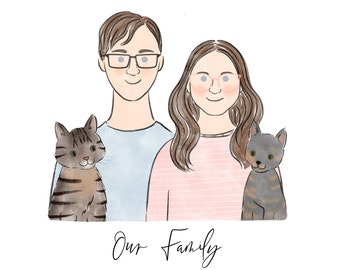 Custom Family Portrait, 1 year Anniversary Gift, Boyfriend Card Gifts, Minimalist Couple Illustration with Pets, Cute Gifts for Girlfriend