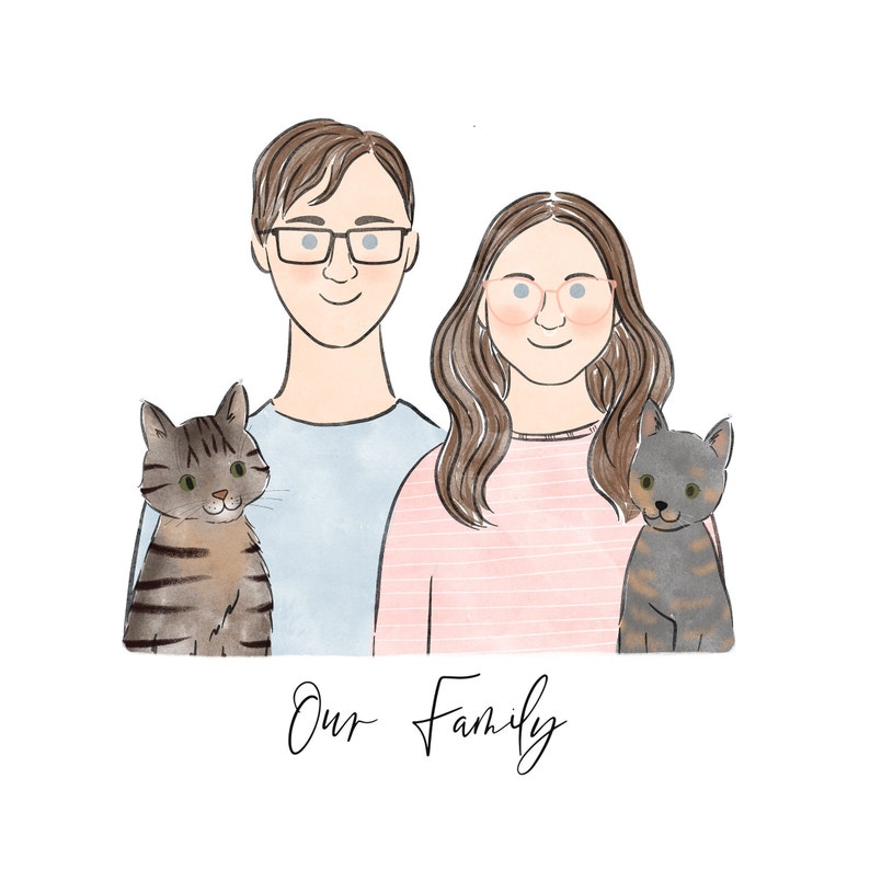 Anpassat familjeporträtt, minimalistisk akvarell parteckning, parillustration med husdjur, parpresenter, presenter till henne bild 4