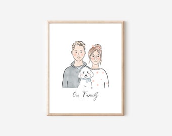 Portrait de famille personnalisé, dessin de couple aquarelle minimaliste, illustration de couple avec animal de compagnie, cadeaux de couple, cadeaux pour elle