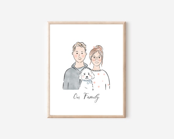 Custom Family Portrait, Minimalist Watercolor Couple Drawing, Couple Illustration with Pet, Couple Gifts, Gifts for Her