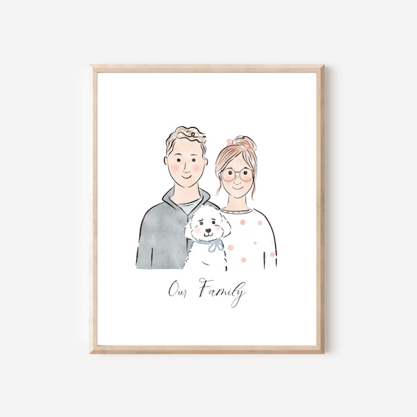 Benutzerdefinierte Porträt, minimalistische Aquarell Paar Zeichnung, Paar Illustration mit Haustier, Paar Geschenke, Geschenke für Sie