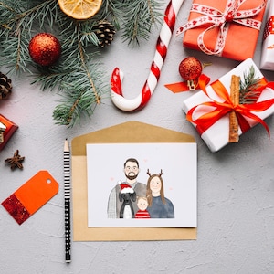 Ritratto di famiglia personalizzato, regalo per il primo anniversario, biglietti d'auguri per il fidanzato, illustrazione minimalista di coppia con animali domestici, regali carini per la fidanzata