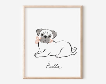 Minimalist Cartoon Pet Portrait, Watercolor Pencil Drawing, Pet Loss Portrait, Memorial Pet Gift, Pet Lover Gift, Dog Print, Pug Lover Gifts