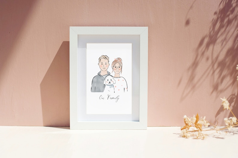Anpassat familjeporträtt, minimalistisk akvarell parteckning, parillustration med husdjur, parpresenter, presenter till henne bild 3