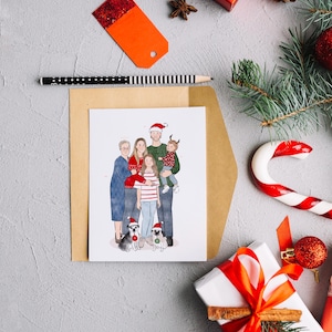 Ilustración de retrato familiar en acuarela con mascotas, dibujo lineal minimalista de pareja, ilustración familiar, regalos de aniversario, regalos para el día de la madre
