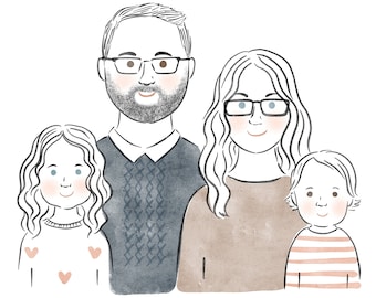 Custom Fathers Day Gift, Family Portrait Watercolor Illustration, Minimalist Painting, Drawing from Photo