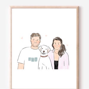 Anpassat familjeporträtt, minimalistisk akvarell parteckning, parillustration med husdjur, parpresenter, presenter till henne bild 8