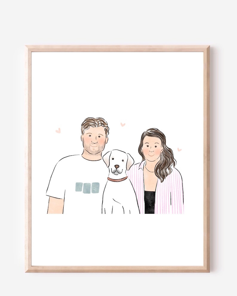 Anpassat familjeporträtt, minimalistisk akvarell parteckning, parillustration med husdjur, parpresenter, presenter till henne bild 8