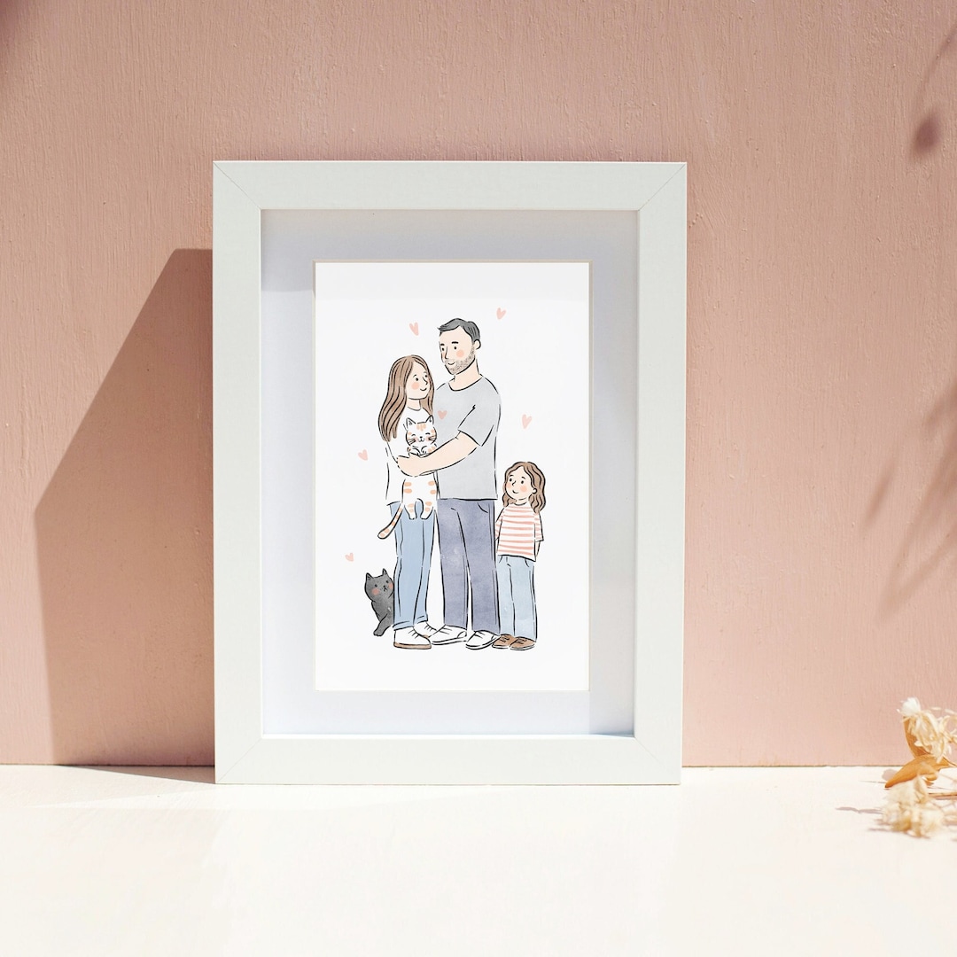 Christmas Family Portrait, Minimalist Watercolor Line Art Drawing
