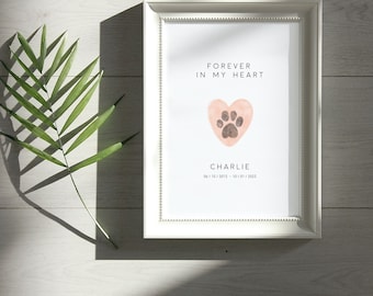 Dog Sympathy Gift, Pet Quote "Forever in My Heart",  Watercolour Paw & Peachy Heart, Pet Memorial Gift, Custom Dog Loss Print with Name