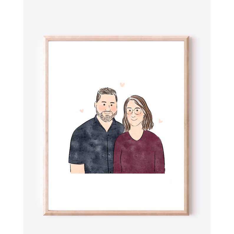 Anpassat familjeporträtt, minimalistisk akvarell parteckning, parillustration med husdjur, parpresenter, presenter till henne bild 5
