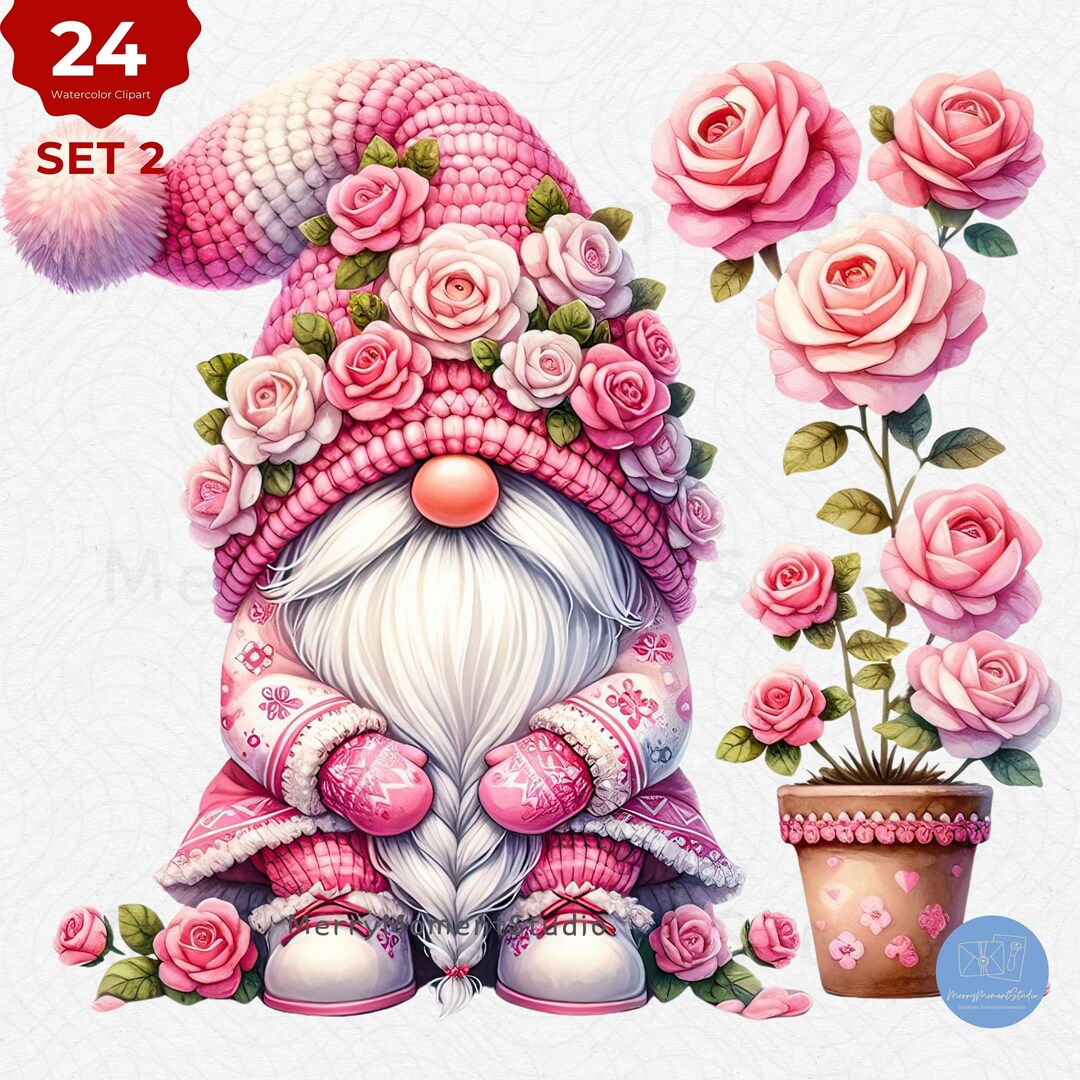 Watercolor Rose Gnome Clipart: Pink Gnomes PNG (digital Download) - Etsy