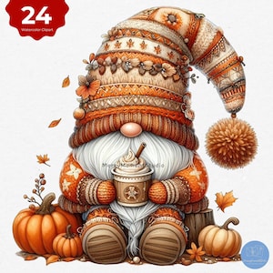 May include: A watercolor illustration of a fall gnome with a long white beard, wearing an orange and brown knit hat and sweater. The gnome holds a coffee cup and is surrounded by pumpkins and fall leaves. The image has the text "24 Watercolor Clipart".
