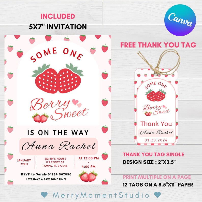 Editable Berry Sweet Baby Shower, Berry Sweet Invitation, Strawberry ...
