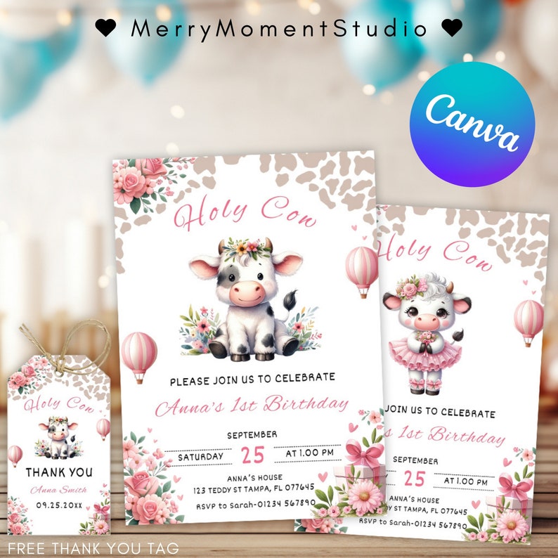 Peut inclure: Une invitation imprimable rose et blanche avec une illustration de vache et le texte "Holy Cow! Anna's 1st Birthday" avec une date et une heure. Une &eacute;tiquette de remerciement assortie avec le texte "Holy Cow! Thank You Anna Smith" est &eacute;galement incluse.