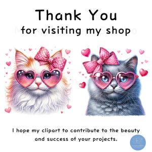 May include: Two cartoon cats wearing pink heart-shaped sunglasses and pink bows. The cat on the left is white with orange markings. The cat on the right is gray. Both cats are surrounded by pink hearts.