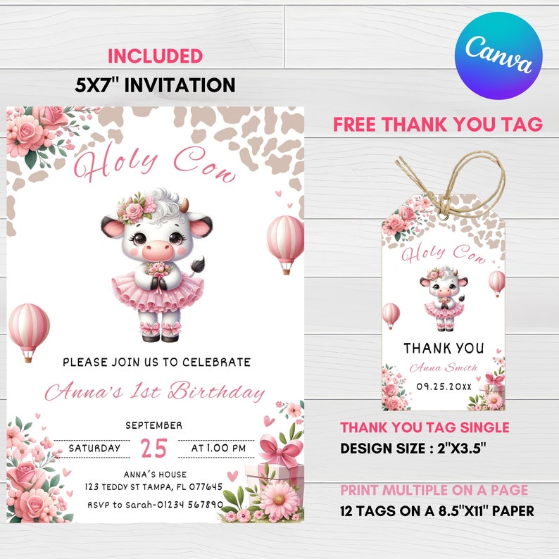 Peut inclure: Une invitation rose et blanche avec une vache de dessin anim&eacute; portant un tutu rose et un bandeau floral. L'invitation indique "Holy Cow" et "Anna's 1st Birthday". Elle comprend la date, l'heure et le lieu de la f&ecirc;te. Une &eacute;tiquette de remerciement gratuite est &eacute;galement incluse avec un design similaire et le texte "Holy Cow" et "Thank You Anna Smith 09.25.20XX". L'&eacute;tiquette mesure 5,1 cm sur 8,9 cm.
