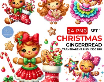 May include: A set of 24 digital illustrations of gingerbread people in various poses and outfits. The illustrations are in a cartoon style and feature festive Christmas colors like red, green, and gold. The illustrations are perfect for creating holiday crafts, cards, and decorations.
