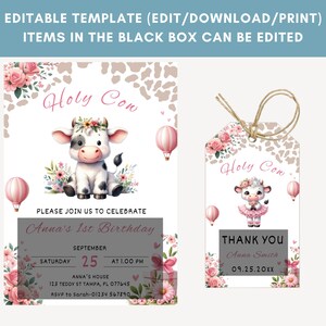 Peut inclure: Une vache rose et blanche avec une couronne de fleurs et une robe rose est repr&eacute;sent&eacute;e sur une invitation imprimable et une &eacute;tiquette de remerciement. L'invitation dit "Holy Cow! Please join us to celebrate Anna's 1st Birthday" avec la date et l'heure de la f&ecirc;te. L'&eacute;tiquette de remerciement dit "Holy Cow! Thank You Anna Smith 09.25.20XX".