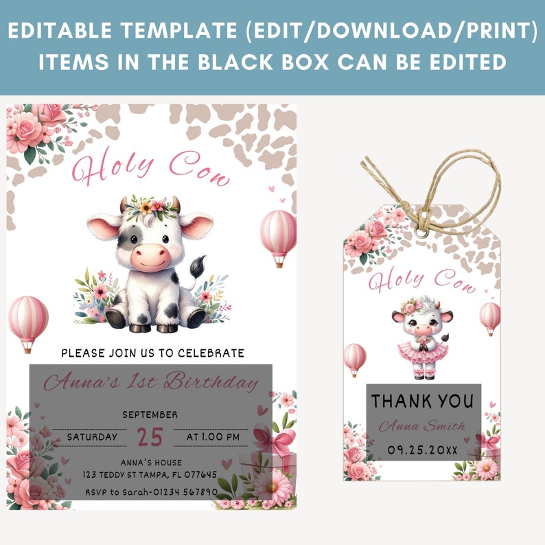 Peut inclure: Une vache rose et blanche avec une couronne de fleurs et une robe rose est repr&eacute;sent&eacute;e sur une invitation imprimable et une &eacute;tiquette de remerciement. L'invitation dit "Holy Cow! Please join us to celebrate Anna's 1st Birthday" avec la date et l'heure de la f&ecirc;te. L'&eacute;tiquette de remerciement dit "Holy Cow! Thank You Anna Smith 09.25.20XX".