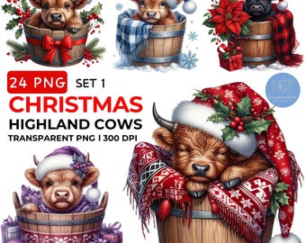 May include: A digital art set featuring six Highland cows in festive Christmas settings. Each cow is adorned with a Santa hat and nestled in a wooden bucket or wrapped in a blanket. The image includes text that reads "Christmas Highland Cows".