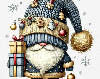 May include: A whimsical Christmas gnome illustration. The gnome wears a blue knit hat adorned with ornaments and a fluffy pom-pom. He holds wrapped gifts and a golden ornament. The gnome has a long white beard and is dressed in a dark blue coat.