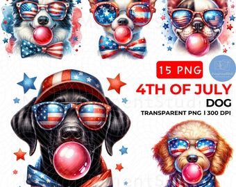 Patriotyczny pies PNG Bundle: 4 lipca USA Digital Art (3000x3000 px)