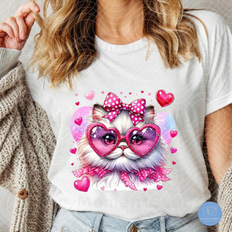 May include: White t-shirt with a pink and white cat wearing pink heart-shaped sunglasses and a pink bow with white polka dots. The cat is surrounded by pink hearts.