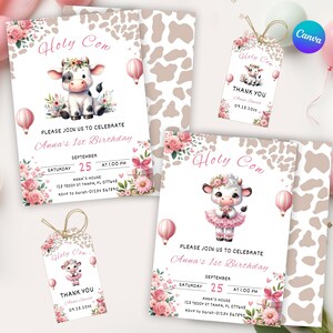 Peut inclure: Un ensemble d'invitations et de cartes de remerciement imprimables pour un premier anniversaire. Le design pr&eacute;sente une vache de dessin anim&eacute; mignonne portant une robe rose et une couronne florale. L'arri&egrave;re-plan est un motif imprim&eacute; de vache brun et blanc. Le texte sur les invitations est le suivant : "Holy Cow ! Veuillez vous joindre &agrave; nous pour c&eacute;l&eacute;brer le 1er anniversaire d'Anna. Septembre 25 &agrave; 13h00. Maison d'Anna, 123 Teddy St Tampa, FL 077645. RSVP &agrave; Sarah-01234 567890."