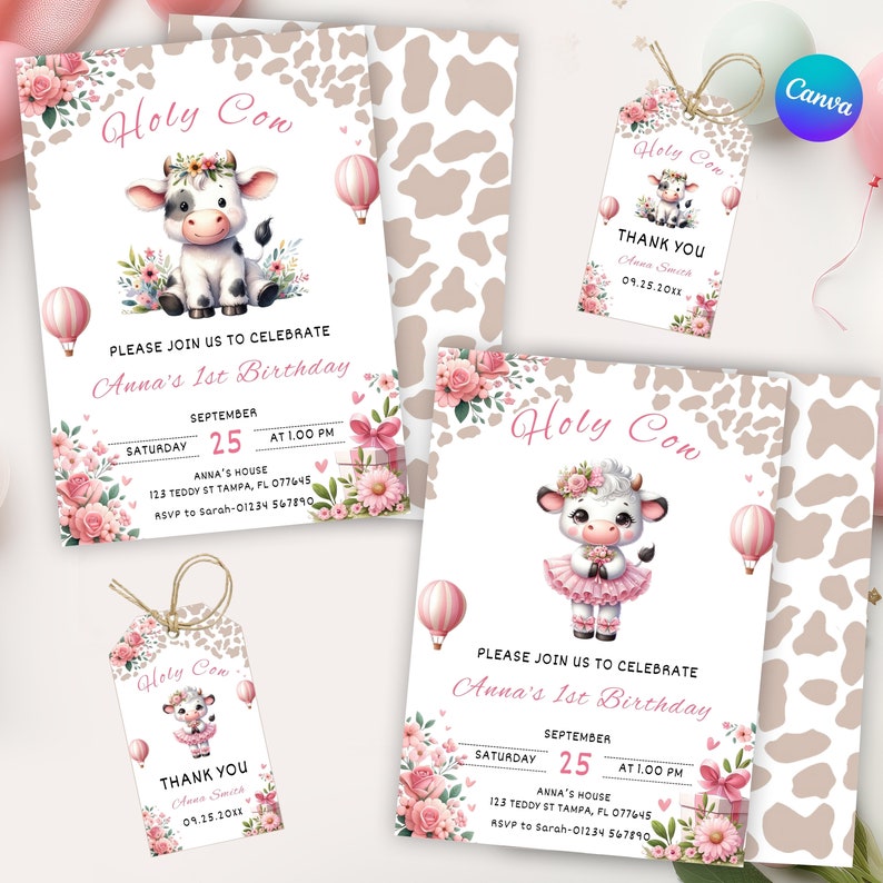 Peut inclure: Un ensemble d'invitations et de cartes de remerciement imprimables pour un premier anniversaire. Le design pr&eacute;sente une vache de dessin anim&eacute; mignonne portant une robe rose et une couronne florale. L'arri&egrave;re-plan est un motif imprim&eacute; de vache brun et blanc. Le texte sur les invitations est le suivant : "Holy Cow ! Veuillez vous joindre &agrave; nous pour c&eacute;l&eacute;brer le 1er anniversaire d'Anna. Septembre 25 &agrave; 13h00. Maison d'Anna, 123 Teddy St Tampa, FL 077645. RSVP &agrave; Sarah-01234 567890."