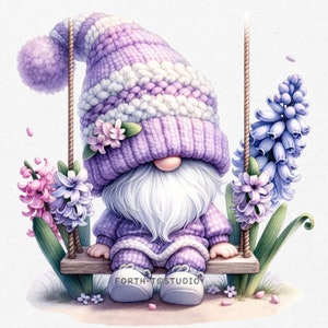 Paquetes de imágenes prediseñadas de gnomos de jacinto en acuarela, imágenes prediseñadas para jardineros, gnomos de primavera, gnomos con flores, descargas de diseños de sublimación