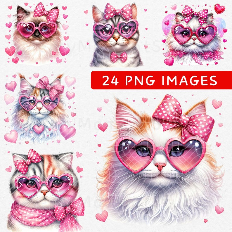 May include: A set of 24 digital images featuring cute cats wearing pink heart-shaped sunglasses and pink bows. The cats have white, brown, and orange fur. The background is white with pink hearts.