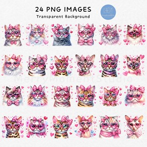May include: 24 digital images of cats wearing pink heart-shaped glasses and pink bows. The cats are on a white background with pink hearts.