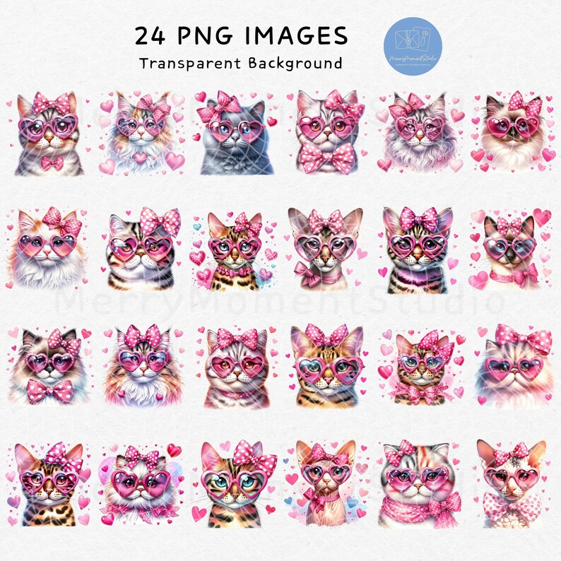 May include: 24 digital images of cats wearing pink heart-shaped glasses and pink bows. The cats are on a white background with pink hearts.