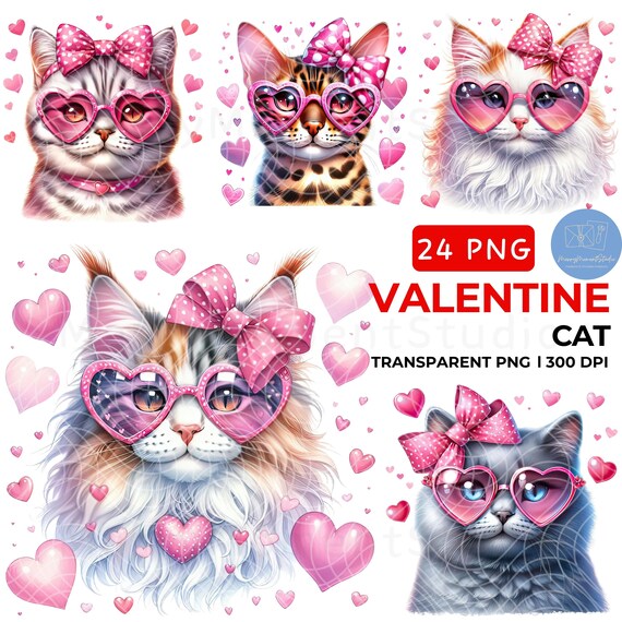 Watercolor Valentine Kittens Clipart: Cat Mom PNG Bundle (Digital Download)