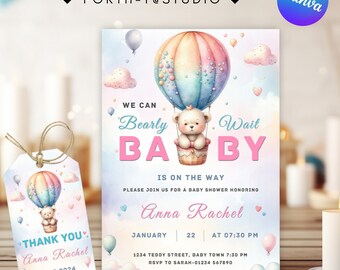 Faire-part de baby shower en montgolfière ours en peluche (téléchargement numérique)