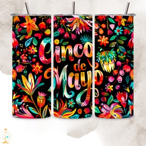 Cinco de Mayo, Copo de flores mexicanas, Design sem costura, Copo fino de 20 OZ, PNG, Download instantâneo D066