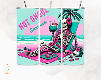 Hot Ghoul Summer, divertida envoltura de vaso de esqueleto de verano, diseño de sublimación de esqueleto atrevido, envoltura de 20 oz, descargas digitales D150