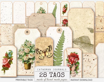 Printable Tags Made of Handmade Paper PDF, Neutral light eco colors ivory tan white digital download nature junk journal gift tag scrapbook