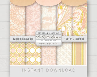 LA BELLE EPOQUE 1 *Powder & Blush* Digital Scrapbook Paper, elegant antique vintage design neutral color gold printable texture wallpaper